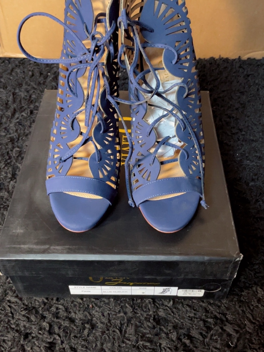 Navy Laser-Cut Lace-Up Open-Toe Ankle Booties